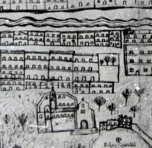 Veduta disegnata di Cosenza di fine 500. Particolare che ritrae il Complesso di Sant'Agostino.